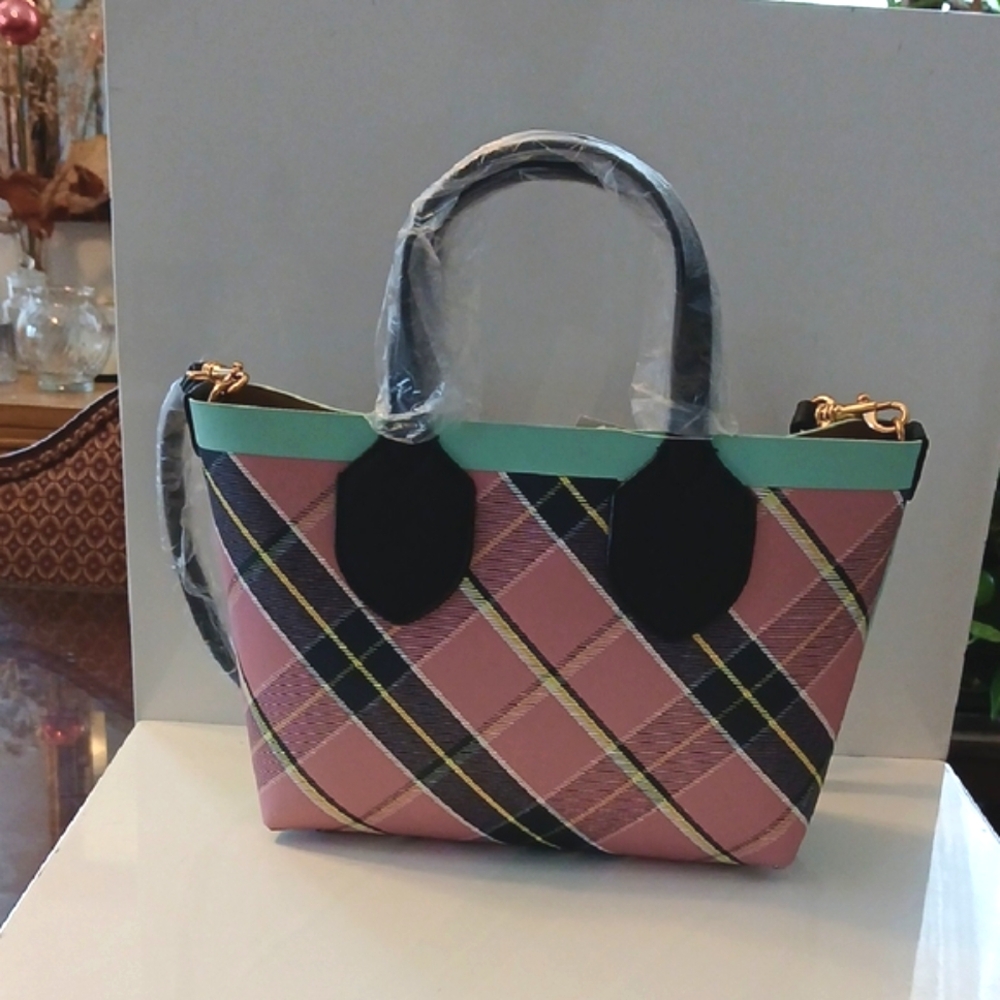 Banana Republic Pink and Black Plaid Tote Bag NWT